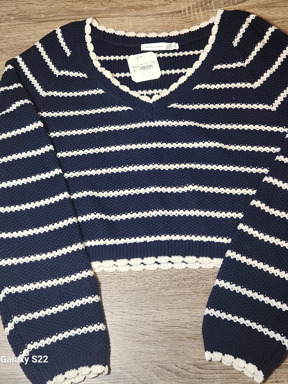 Altar'd State Navy and White Striped V-Neck Sweater